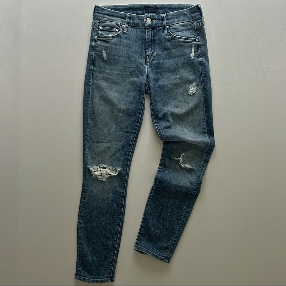 MOTHER The Looker Crop Jeans Medium Wash Distressed Skinny Mid Rise Size 25